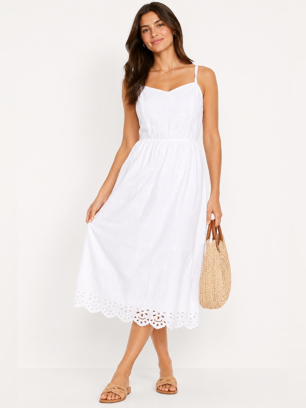 Old Navy White Eyelet Midi Sundress Cotton Embroidered Small NWT